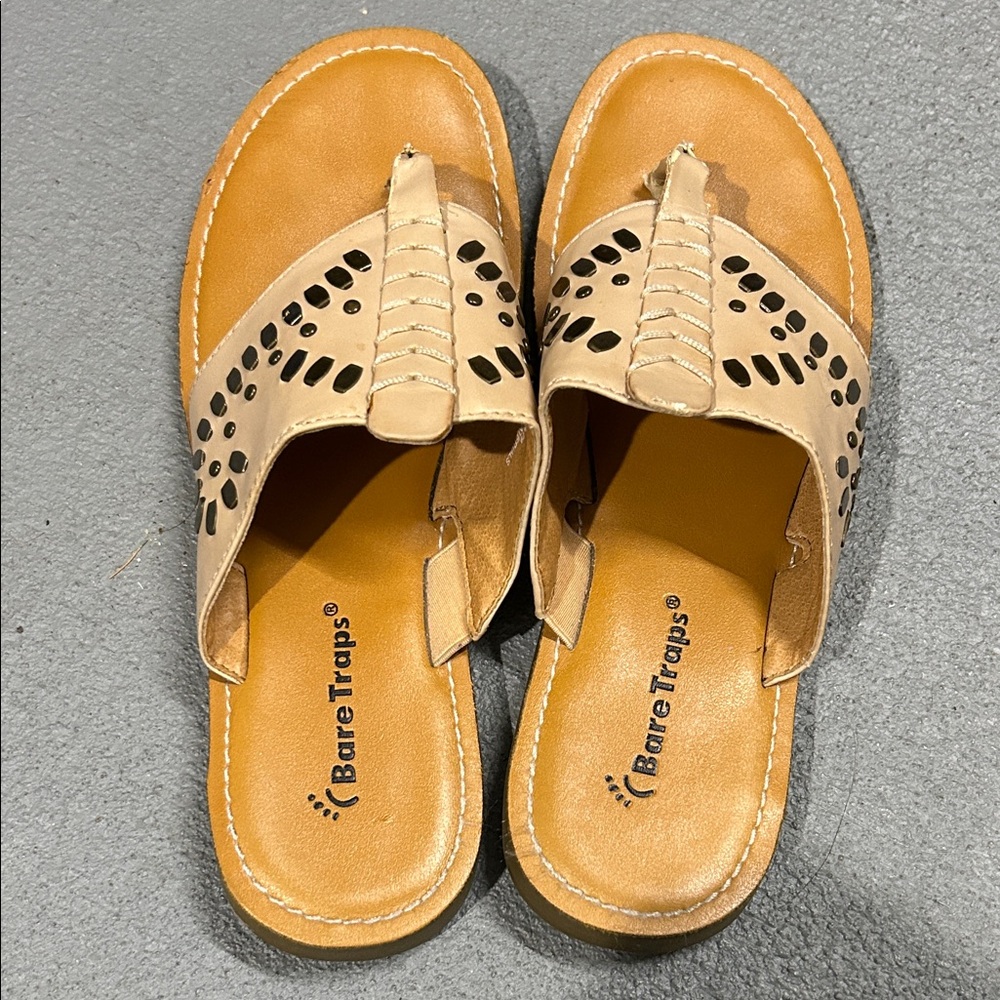 BareTraps Tan Perforated Leather Thong Mules
